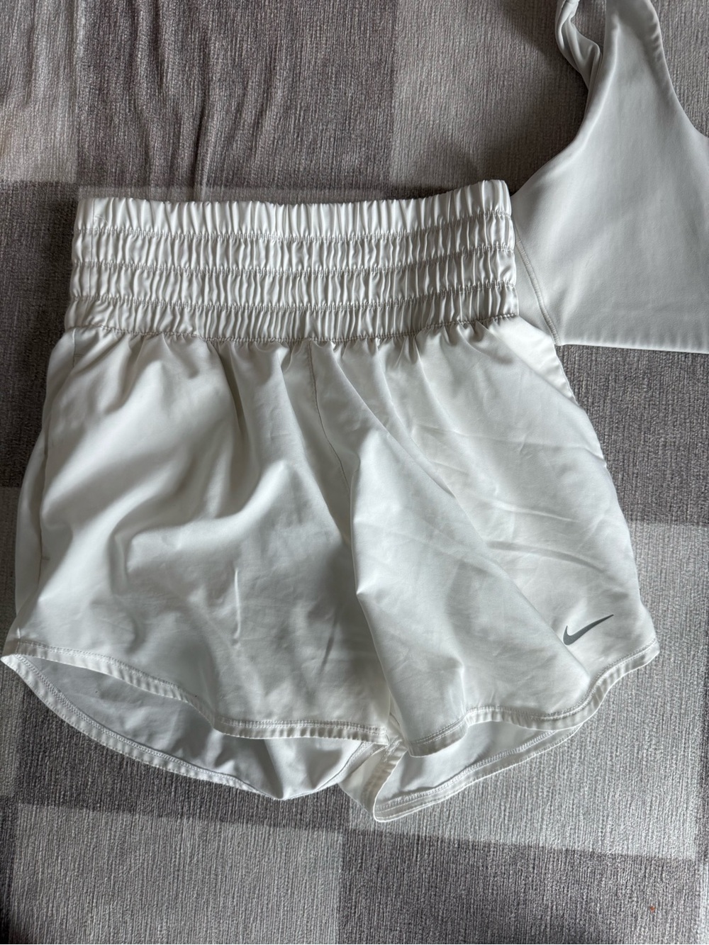 Nike Dri fit White High-Waist Running Shorts (S) and U sports bra (M)